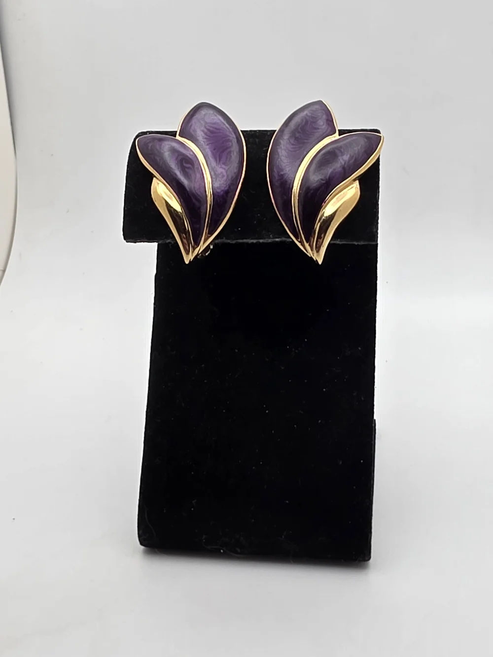 Trifari Gold-Tone Earrings with Deep Purple Enamel Petals